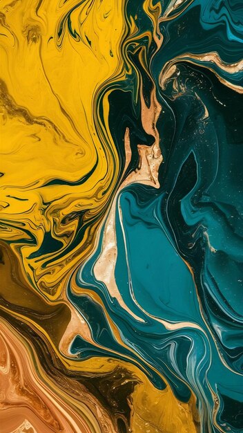 art photography of abstract marbleized effect background with yellow blue gold and copper creativ