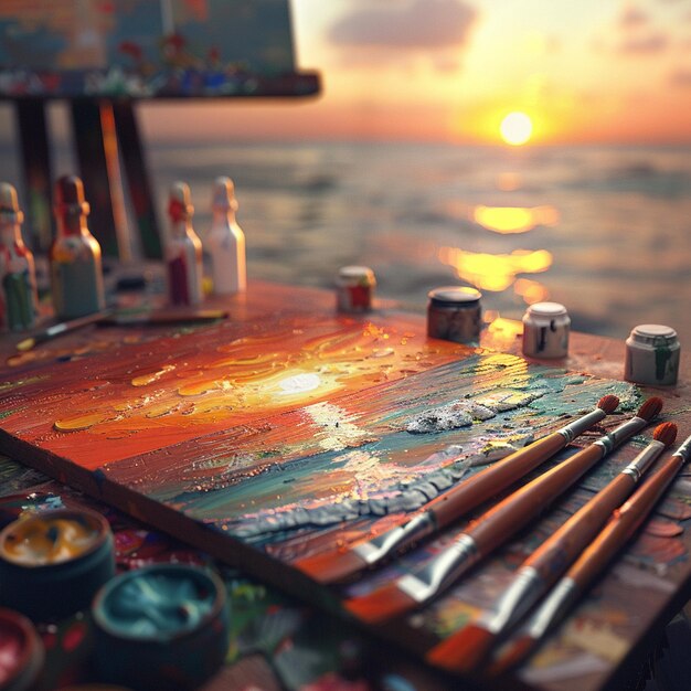 Photo an art piece depicting a sunset on canvas with paint tubes and brushes