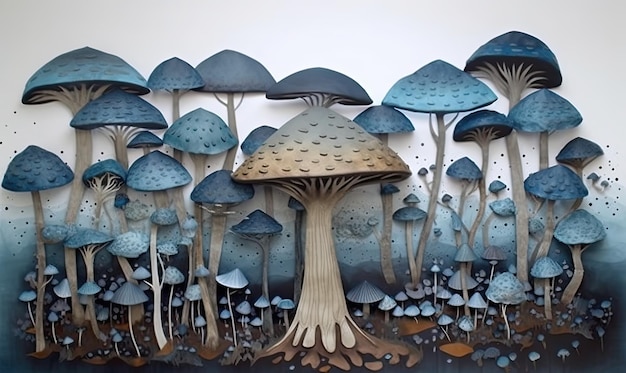 The art piece showcased a tree forest in a magical world of mushrooms Creating using generative AI tools