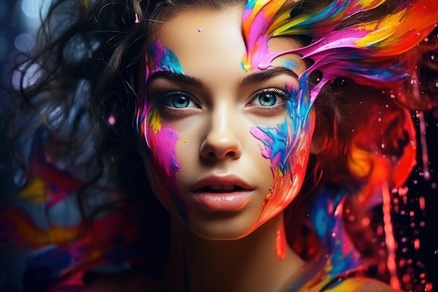 Art portrait of female model face in colorful paint splashes Creative make up liquid colors on skin fashion art