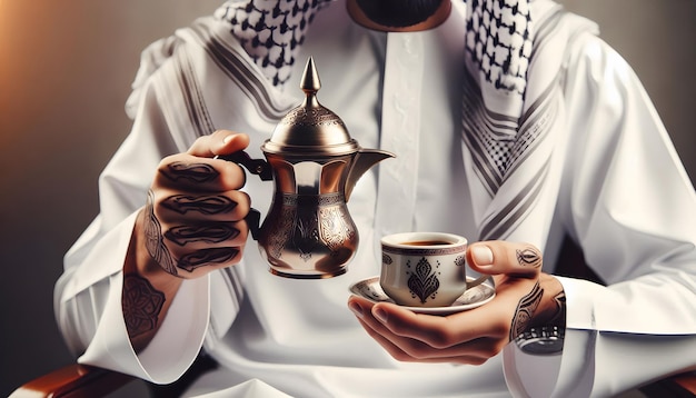 Photo the art of pouring and sipping arabic coffee a symbol of warmth and hospitality