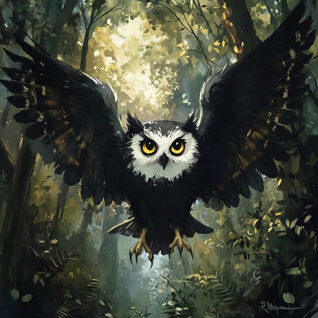 Photo an art print of an owl with yellow eyes and a black body