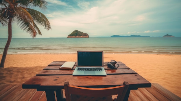 Art remote work in a tropical sea beach Dream work office background AI generated