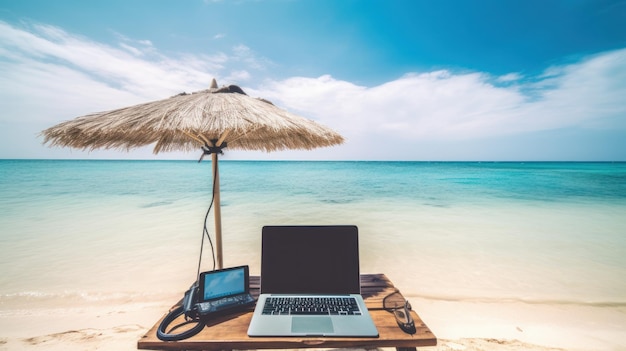 Art remote work in a tropical sea beach Dream work office background AI generated