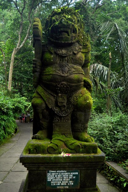 Art sculpture and carved antique deity angel god of hindu statue balinese style in Mandala Suci Wenara Wana or Ubud Sacred Monkey Forest Sanctuary at Ubud city in Bali Indonesia