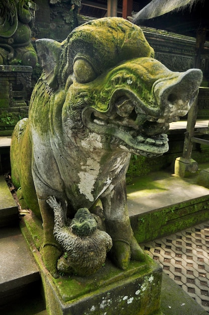 Art sculpture and carved antique deity angel god of hindu statue balinese style in Mandala Suci Wenara Wana or Ubud Sacred Monkey Forest Sanctuary at Ubud city in Bali Indonesia