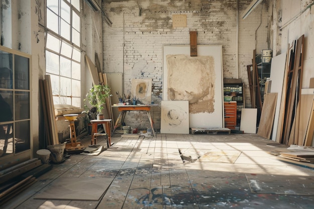 An art studio with sunlight streaming through large windows filled with canvases art supplies and finished works reflecting the essence of artistic creation and inspiration