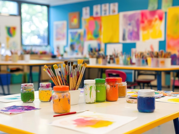 Art Supplies on Table in Classroom