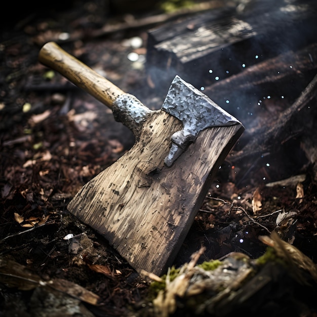 The Art of Survival and Force A Deeply Embedded Ax Displayed in Aged Wood