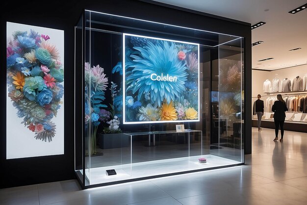 Art on a transparent OLED window display in a retail space with interactive features mockup