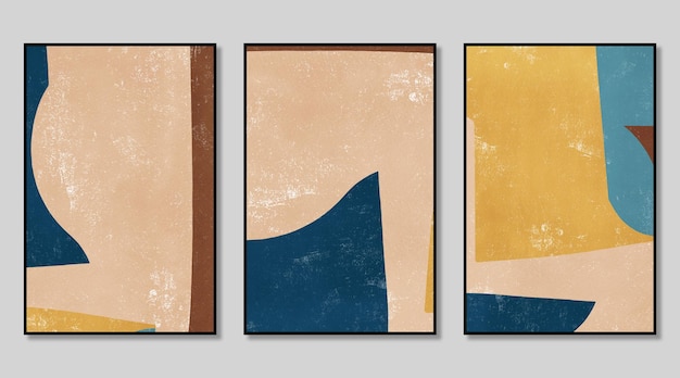 Art Triptych Composed of Bohemian Abstract Geometric Irregular Color Blocks