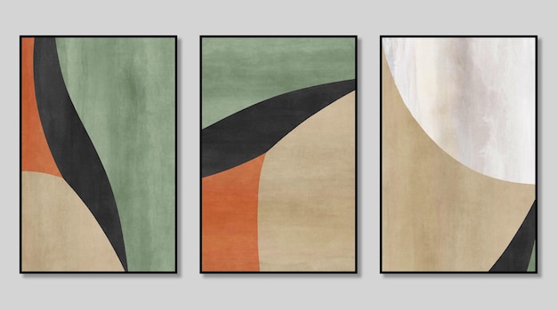 Art Triptych Composed of Bohemian Abstract Geometric Irregular Color Blocks