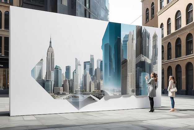 Art in a virtual cityscape with interactive elements mockup with blank white empty space for placing your design