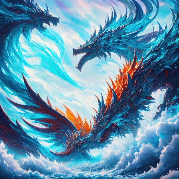 Art with dragons in the sea with waves Generative AI