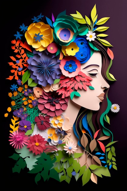 Art with paper happy woman with flowers Women's day specials Generative Ai