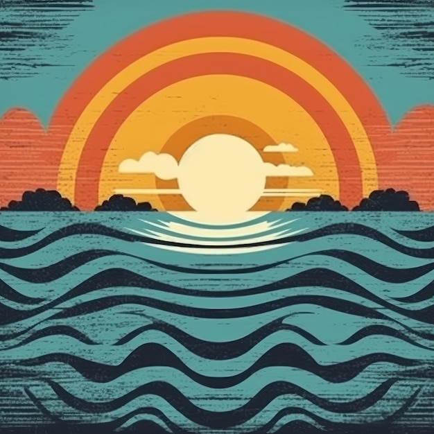 Art work of Retro Sunset Rays Wavy Vintage generative AI