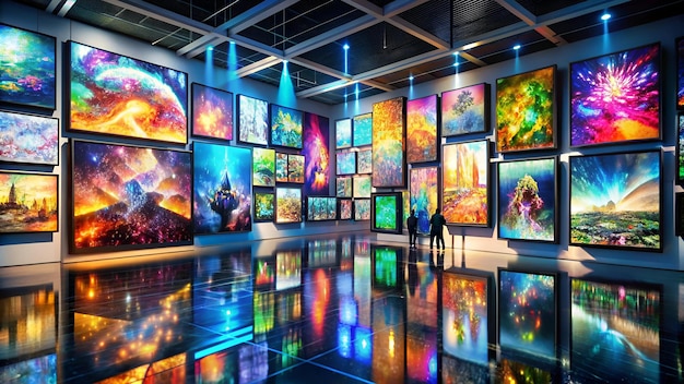 Arte gerada por I A exibida em uma galeria digital refletindo a intersecao da inteligencia artifici