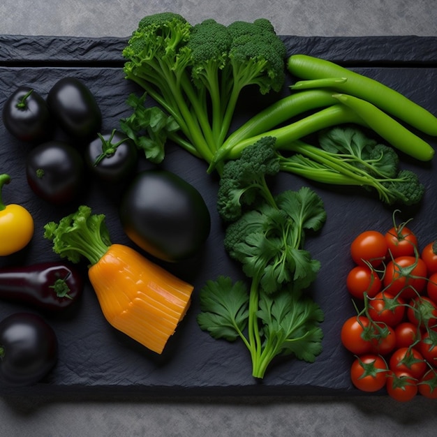 Artful Arrangement Assorted Vegetables Aligned to the Left on a Black Slate AIGenerated