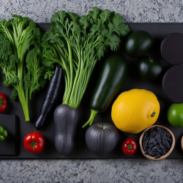 Artful Arrangement Assorted Vegetables Aligned to the Left on a Black Slate AIGenerated