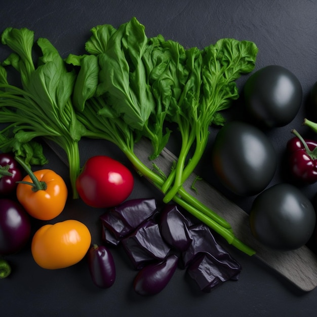 Artful Arrangement Assorted Vegetables Aligned to the Left on a Black Slate AIGenerated