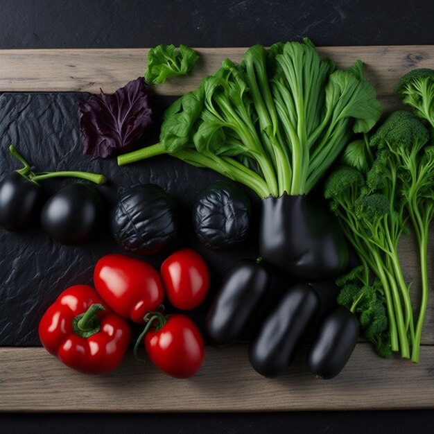 Artful Arrangement Assorted Vegetables Aligned to the Left on a Black Slate AIGenerated