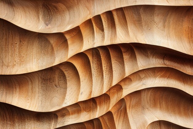 Photo an artful closeup of intricately carved wooden waves showcasing warm tones and detailed textures creating a mesmerizing visual flow