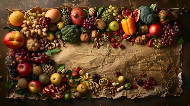 Photo artful display of superfoods on vintage parchment enhancing the narrative of healthy eating and well