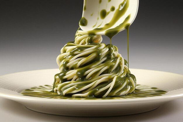 Photo artful pesto drizzle on porcelain