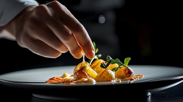 Photo artful presentation of gourmet potato dish with smooth sauce in studio setting