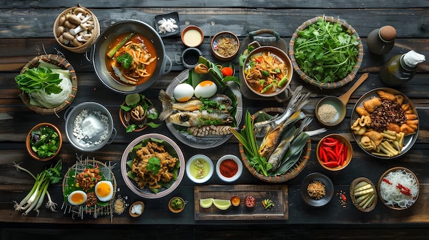 Artful Spread of Mouthwatering Thai Dishes on Rustic Wooden Table