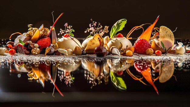 Photo artfully arranged gourmet dessert display with colorful garnishes on a reflective surface