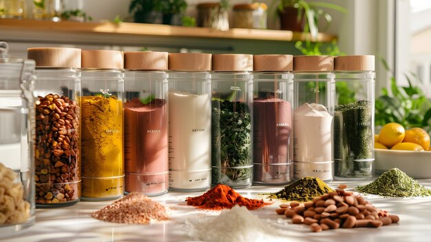 Photo artfully arranged gourmet superfood powder canisters on a kitchen counter