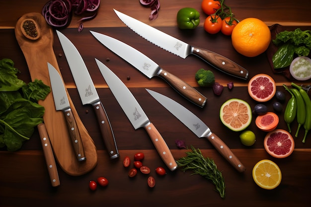 Photo artfully arranged set of highquality professional kitchen knives showcasing their unique features