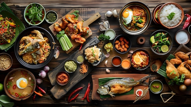 Artfully Arranged Thai Street Food Feast on Rustic Wooden Table