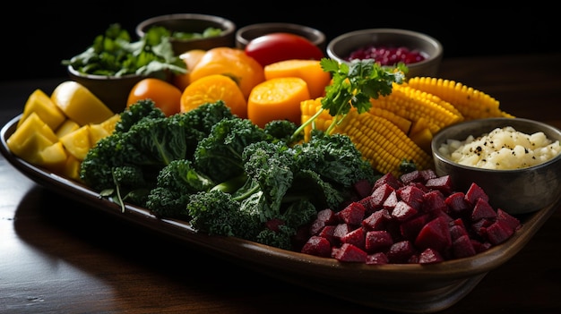 Artfully arranged vegetable platter with vibrant colors and textures