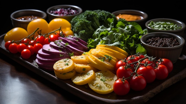 Artfully arranged vegetable platter with vibrant colors and textures