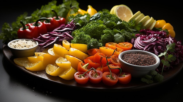 Artfully arranged vegetable platter with vibrant colors and textures