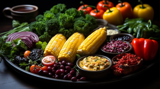 Artfully arranged vegetable platter with vibrant colors and textures