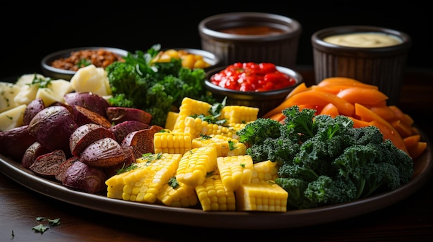 Artfully arranged vegetable platter with vibrant colors and textures