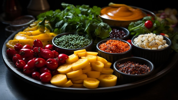 Artfully arranged vegetable platter with vibrant colors and textures