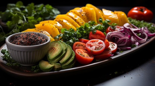 Artfully arranged vegetable platter with vibrant colors and textures