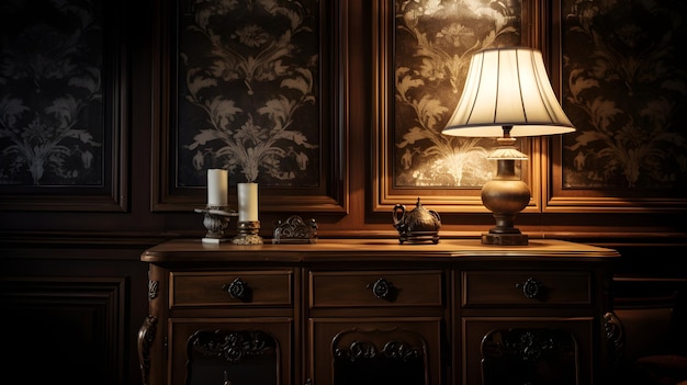 An Artfully Curated Accent Light Display Enhancing the Antique Wooden Piece in a Dimly Lit Room