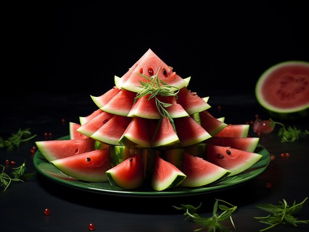 Artfully cut watermelon on dark table