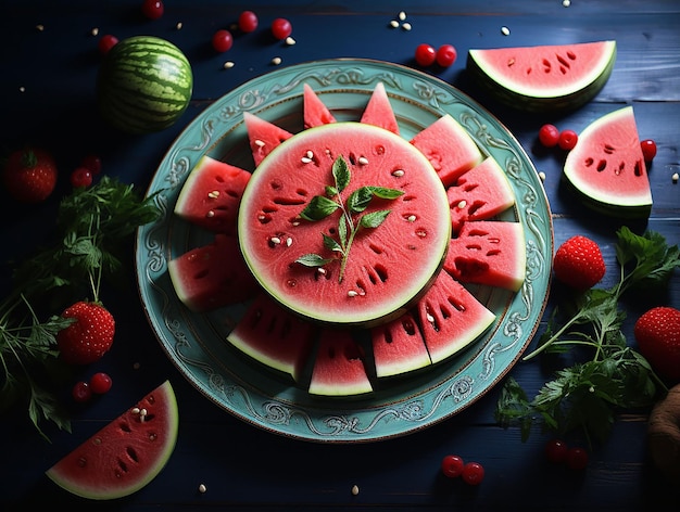 Artfully cut watermelon on dark table