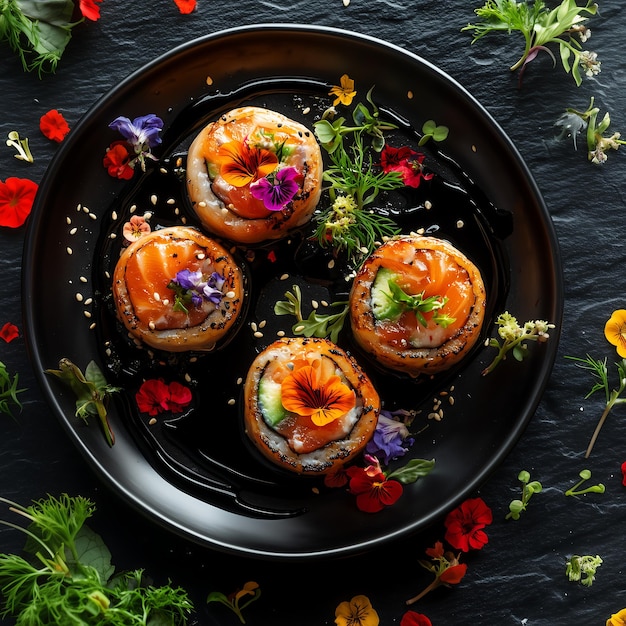 Artfully plated sushi rolls with salmon cucumber and edible flowers on a black slate