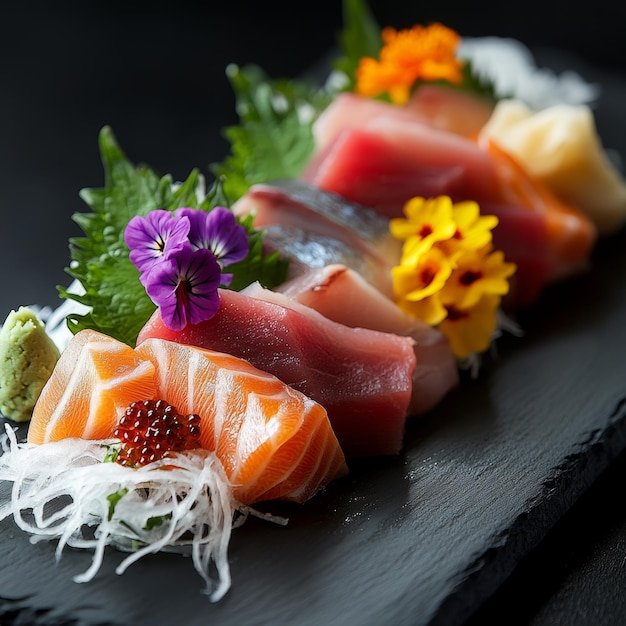 Photo artfully presented sushi platter featuring various sashimi with garnishes and colorful flowers on a black slate