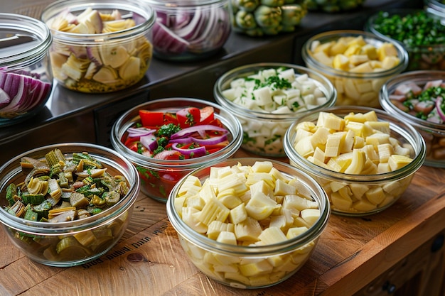 Artichoke hearts and other vegetables pickled in vinegar