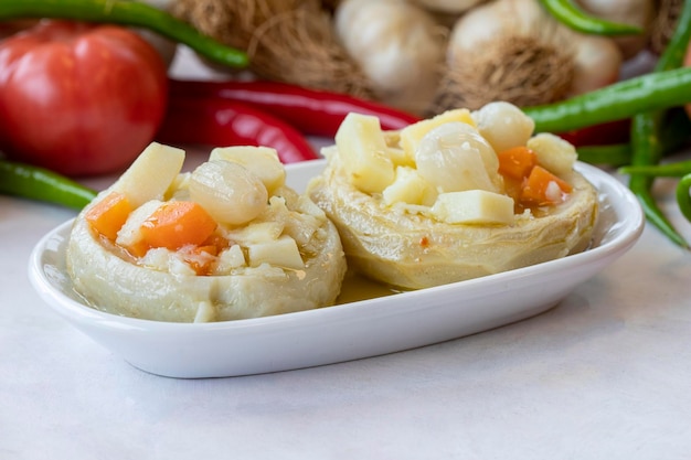 Artichoke Salad Appetizer Healthy food Traditional Turkish and Arabic cuisine meze Snack meal served alongside the main course Natural vegetarian food Local name enginar salatasi