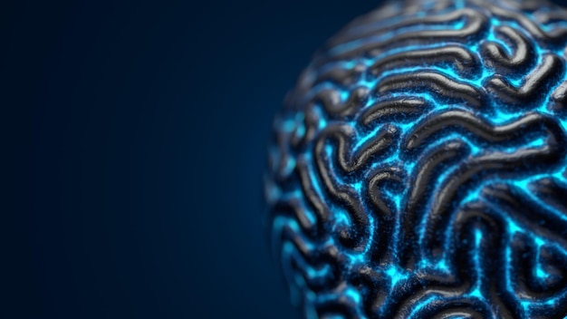 Artificial Brain with glowing details. 3d illustration, suitable for technology, ai and alien themes.