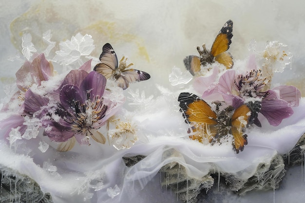 Artificial flowers with butterfly as a background closeup of photo